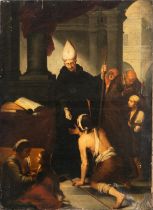 Saint Tomás of Villanueva distributing alms, follower of Bartolomé Esteban Murillo, Sevillian school
