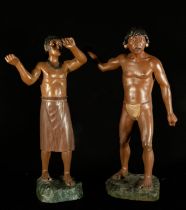 Galo Tobar, year 1974, Pair of exquisite sculptures of Matsés Indians from Brazil, 70s