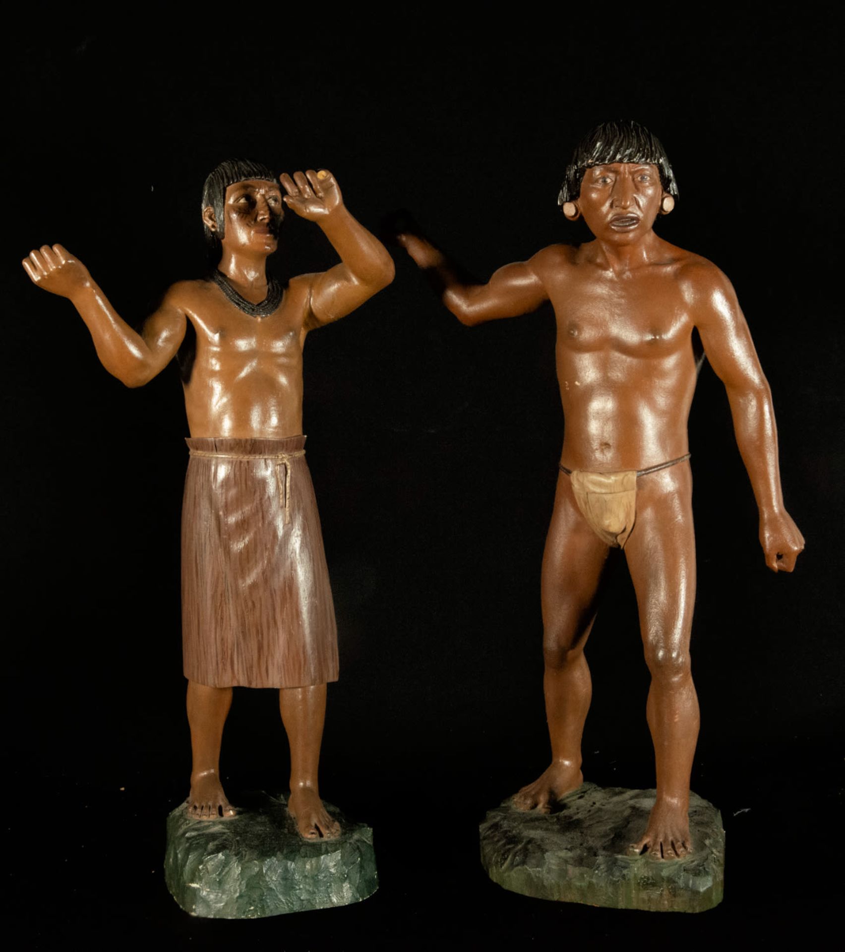 Galo Tobar, year 1974, Pair of exquisite sculptures of Matsés Indians from Brazil, 70s