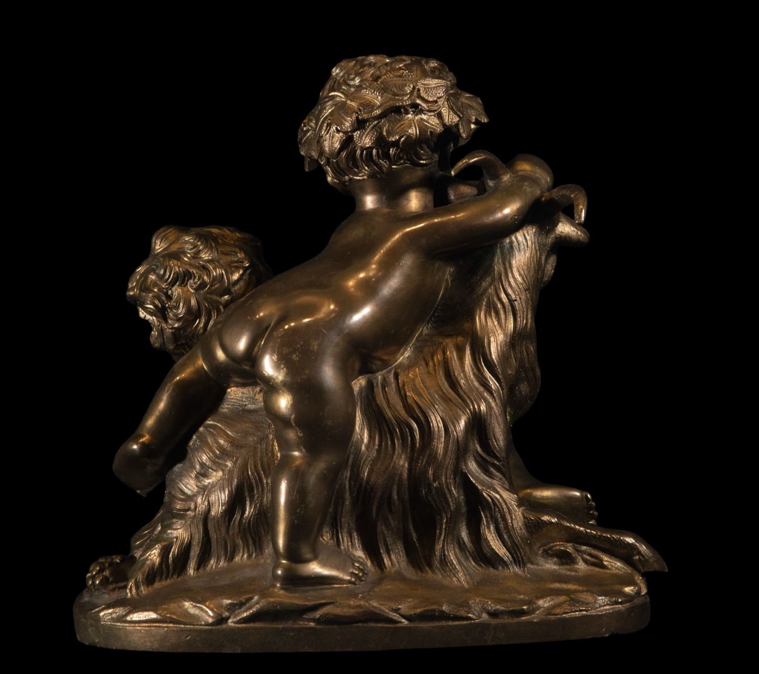 Allegorical French Beaux Arts sculpture of two Amours climbing a goat in patinated and gilded bronze - Image 8 of 8