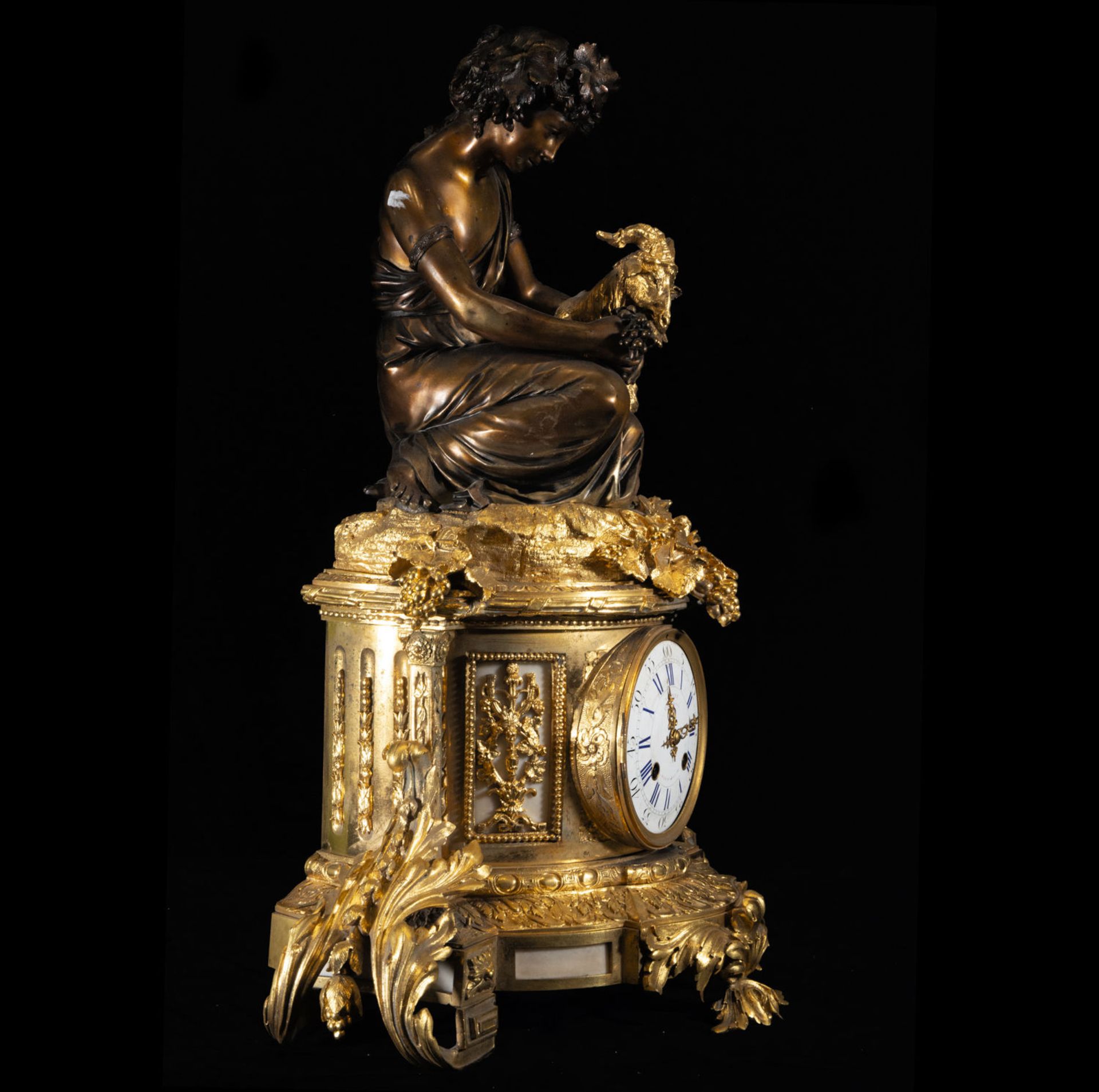 Exquisite Large French Table Clock in Mercury-Gilded Bronze and Alabaster with Bacchus and Goat, Nap - Image 7 of 9