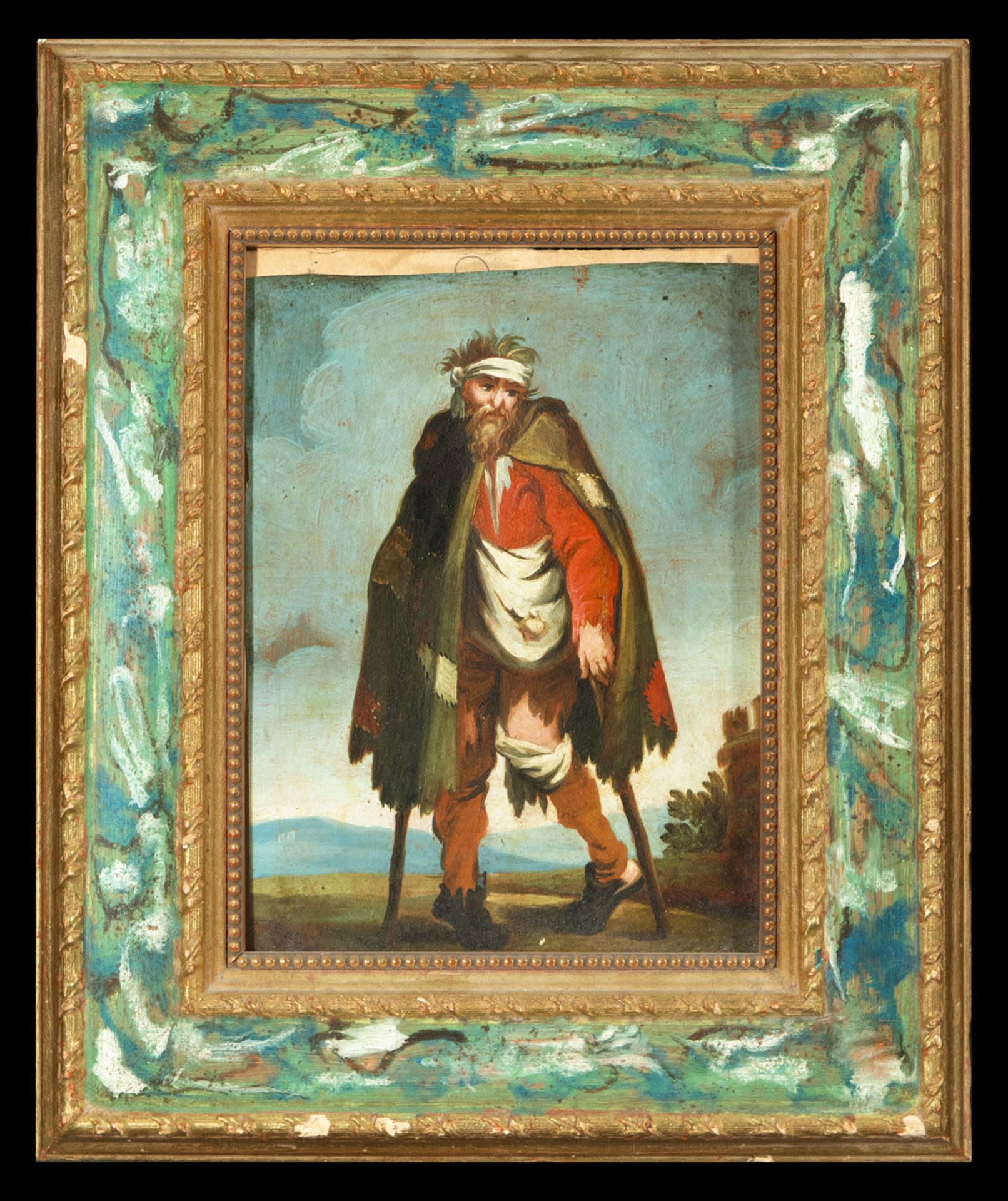 Capitano de Baroni in oil on copper with antique Italian marbled frame from the 18th century