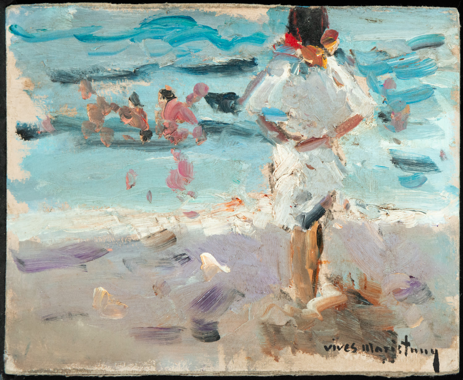Sketch of characters on the beach on cardboard, signed Vives Maristany, 19th century Catalan school