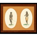 Decorative pair of French engravings of African Women of Zanzibar colored in watercolor on etched pa