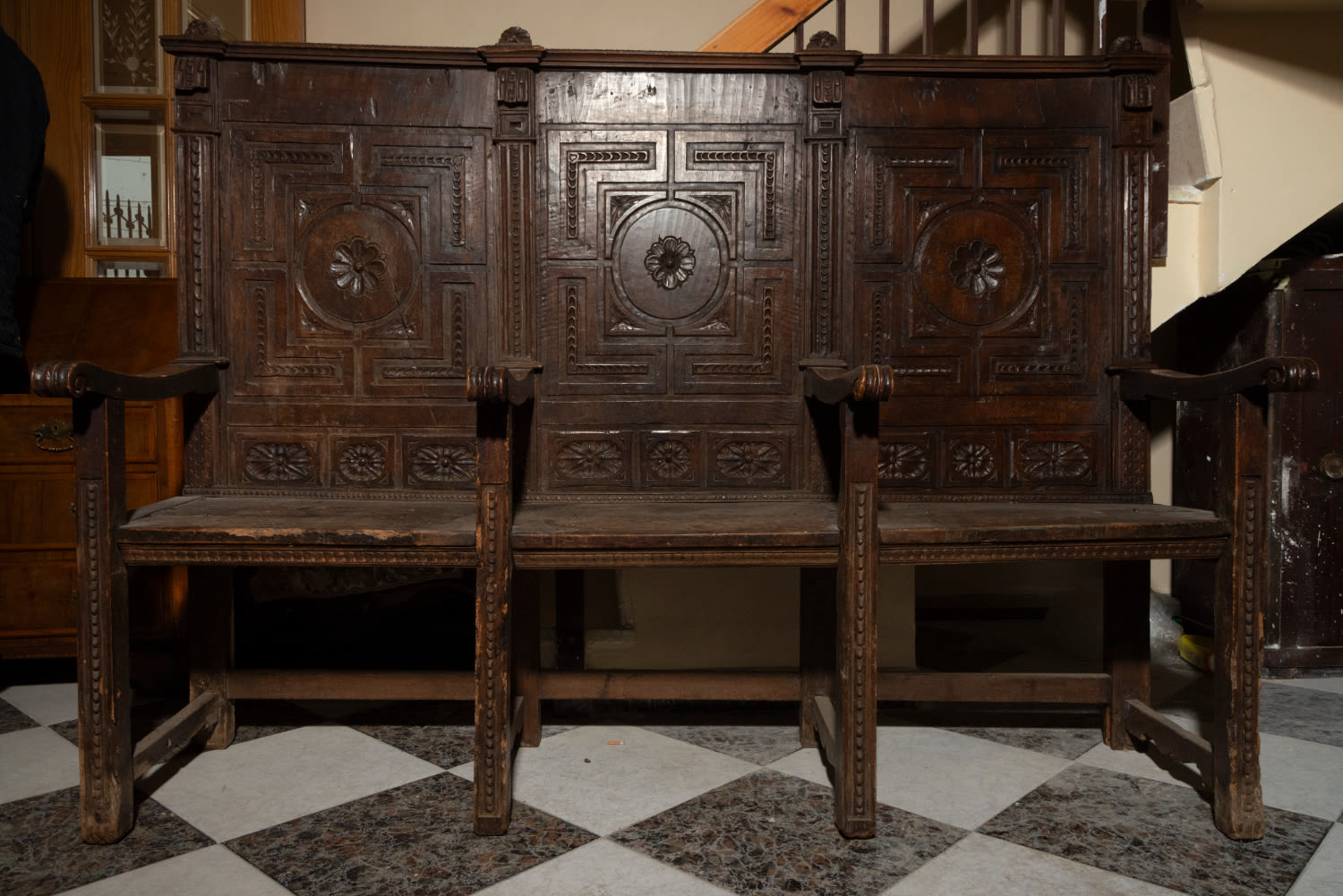 Late Gothic early 16th century Escorial Spanish style choir bench, in oak