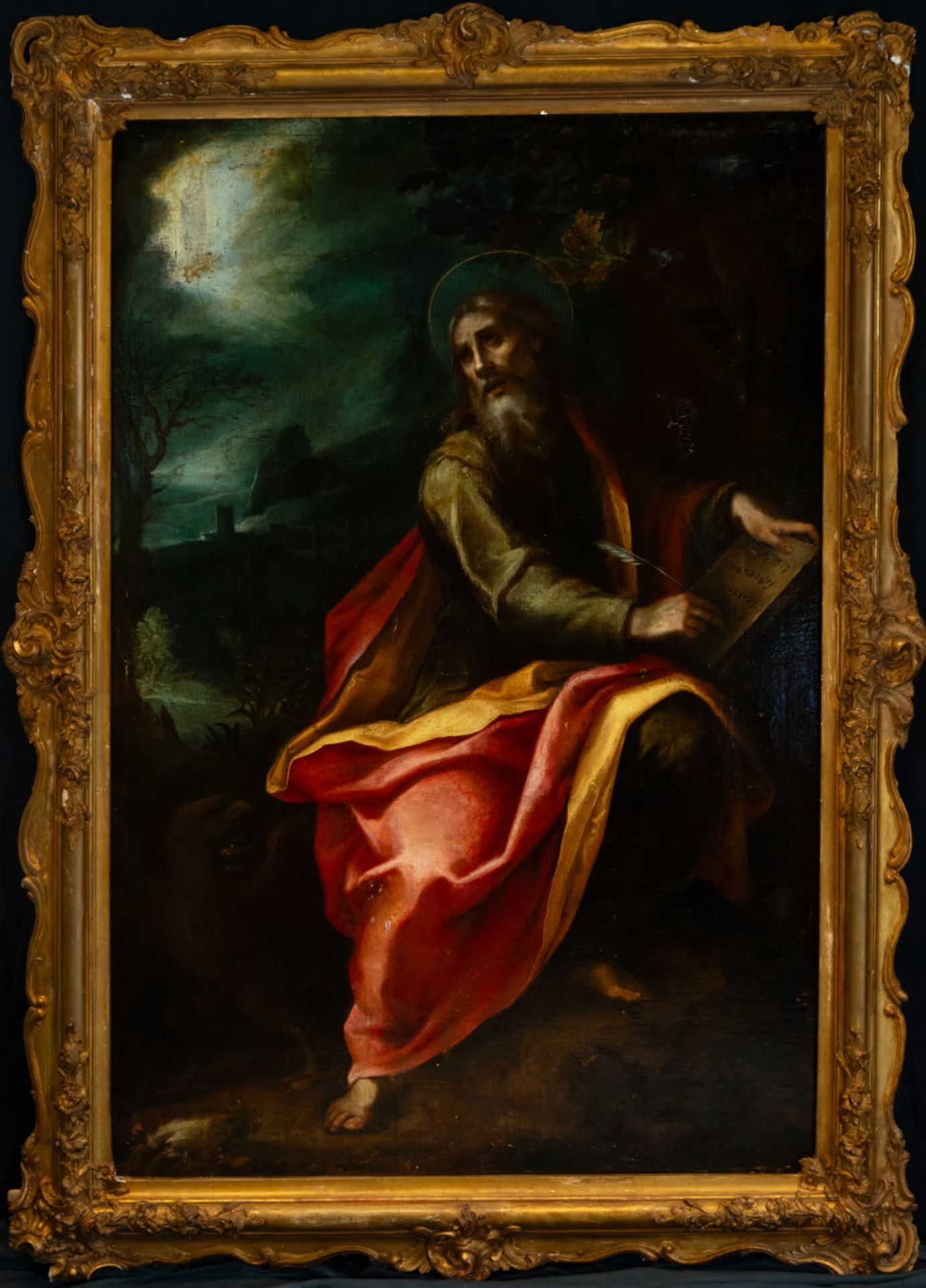 Vision of Patmos by Saint John the Evangelist, Spanish school, 17th century with 19th century frame