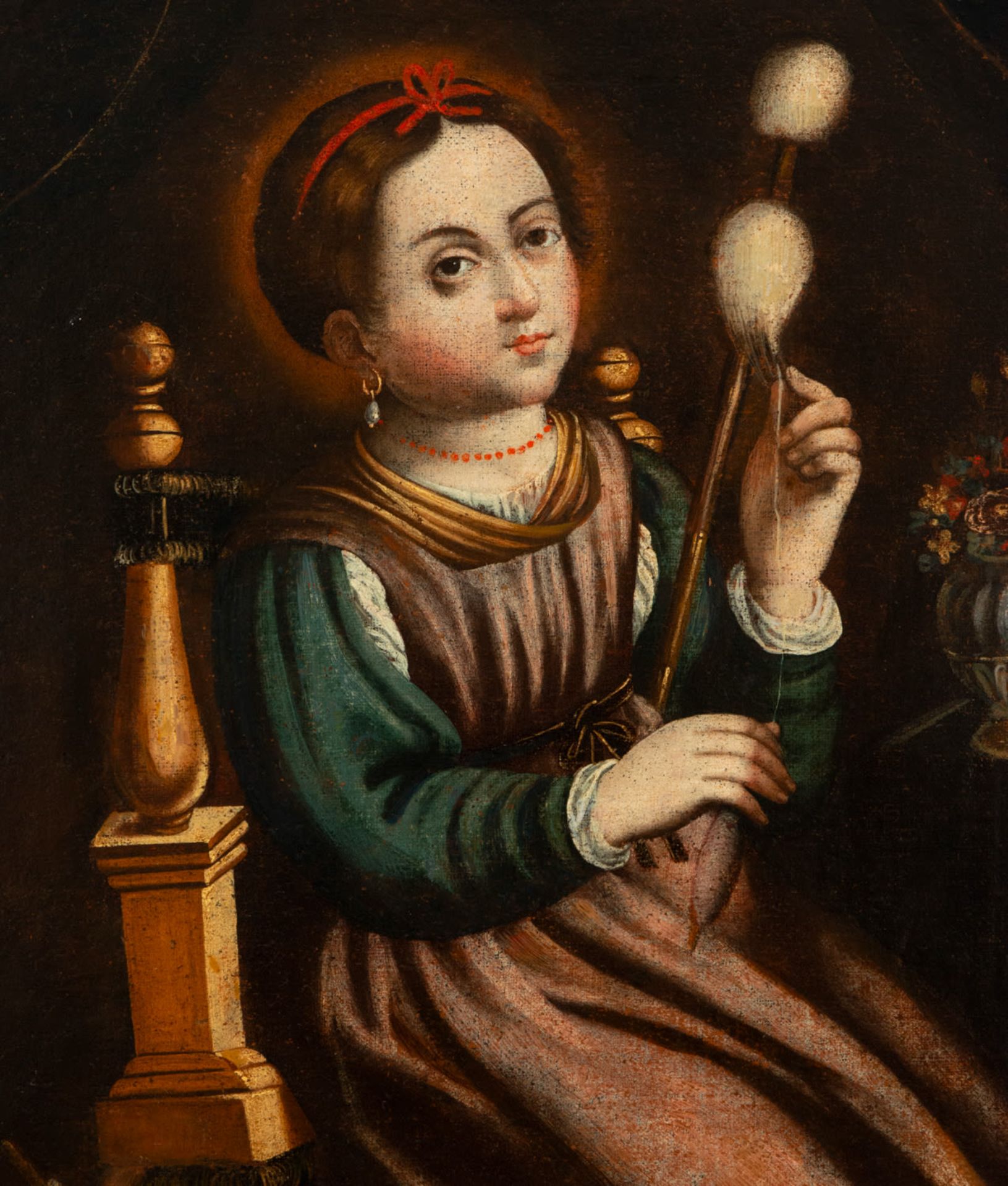 Virgin Mary as a child, spinning, Spanish school, 17th - 18th centuries - Image 2 of 3