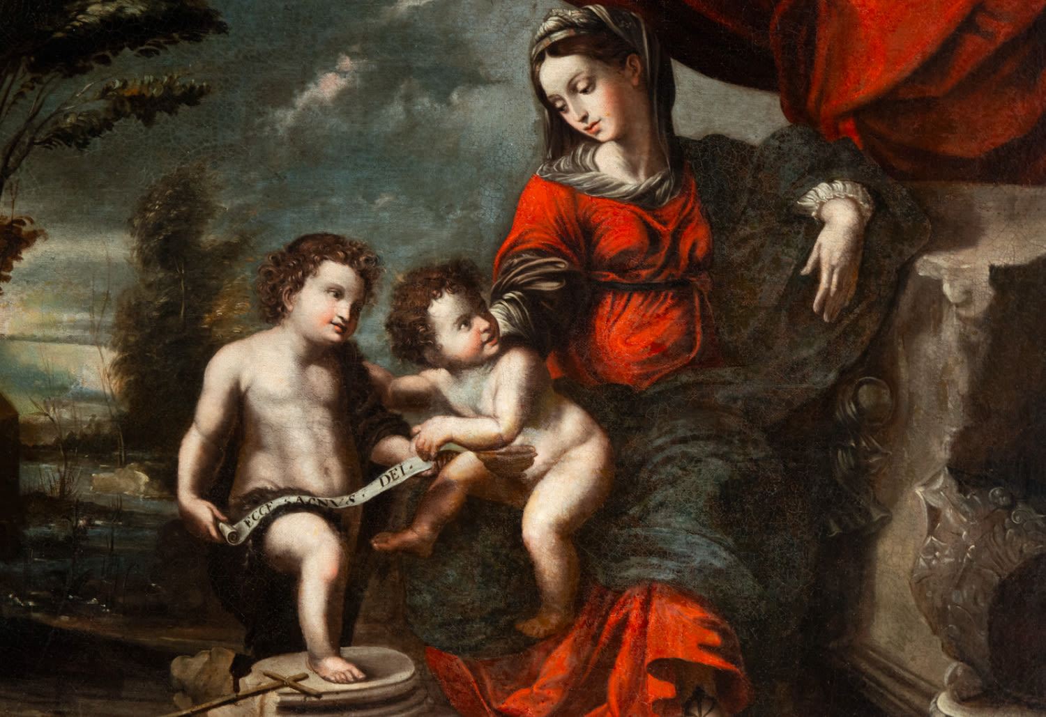 Beautiful and Large Virgin Mary with the Child Jesus and Saint John the Baptist, Genoese Master of t - Image 3 of 7