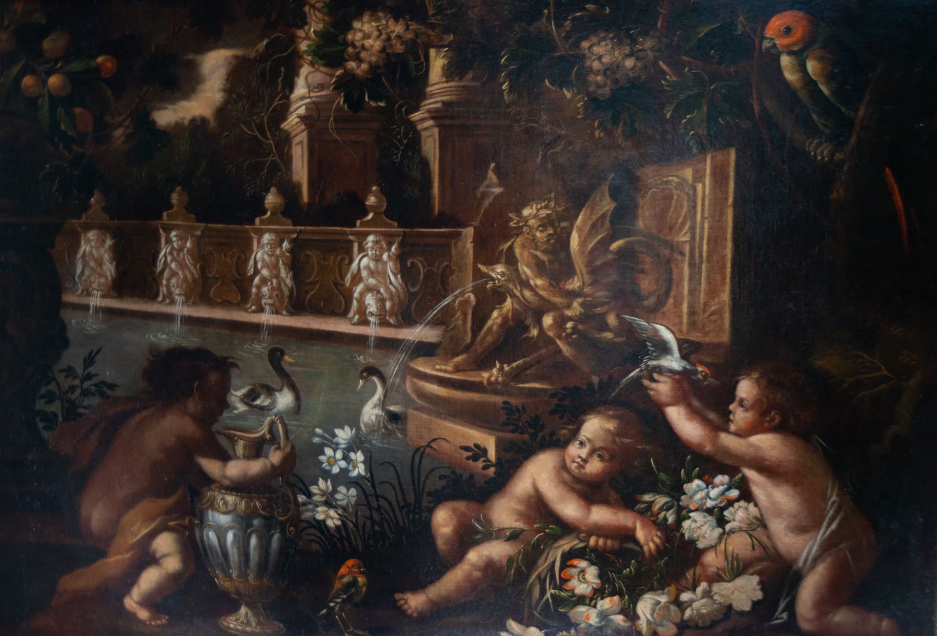 Important still life of Cherubs at a Fountain, circle of Nicola Cassissa, Italian school of the 17th - Image 2 of 5