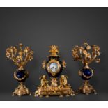Elegant and Large Table Clock with French Sèvres Porcelain Garnish "Bleu Royale" Napoleon III of the