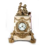 Bronze and marble clock depicting a couple watering pots, 19th century