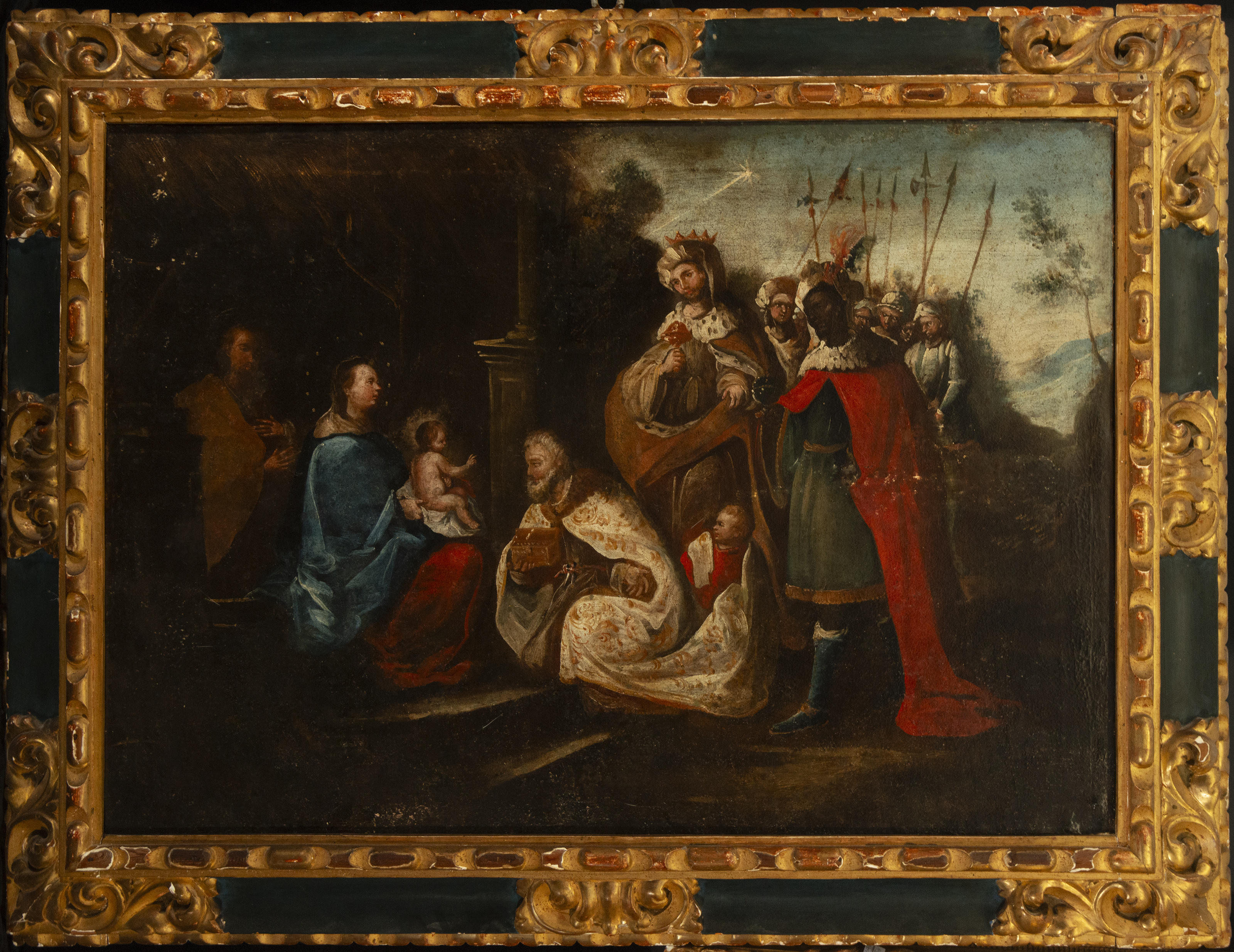 Adoration of the Three Wise Men, 18th century Andalusian school, with baroque period frame