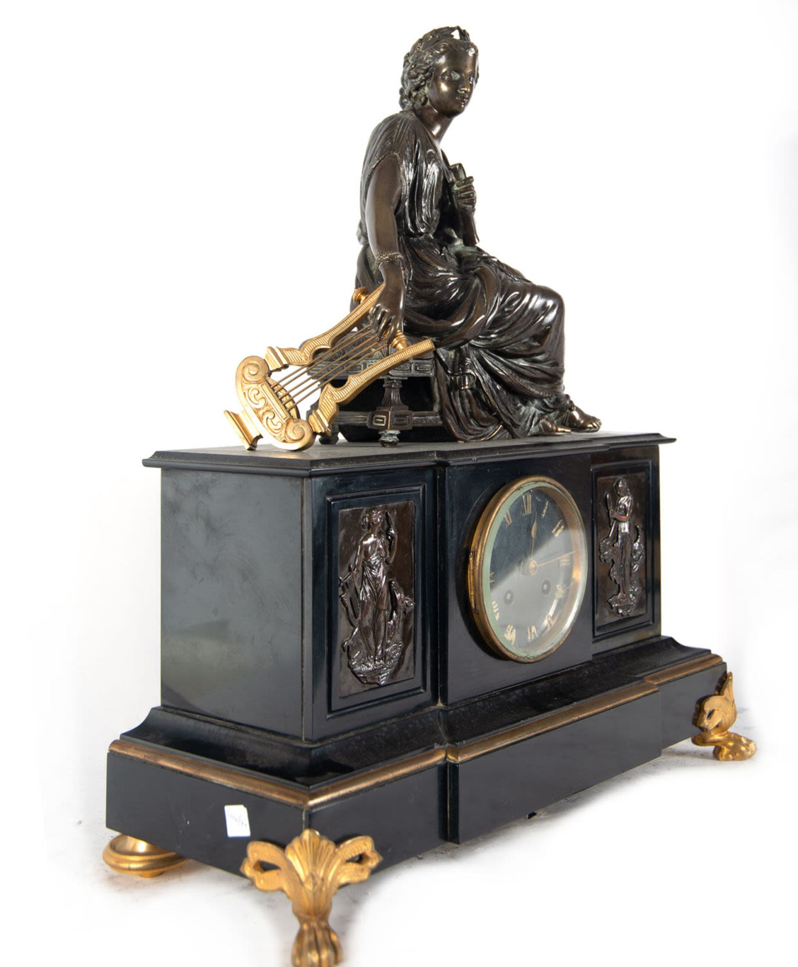 Charles X style clock with lady in patinated bronze playing the harp. late nineteenth century - Image 6 of 8