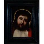 Christ Ecce Homo on panel, 17th century, Hispano Flemish work of the 16th century, with period frame