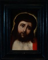 Christ Ecce Homo on panel, 17th century, Hispano Flemish work of the 16th century, with period frame