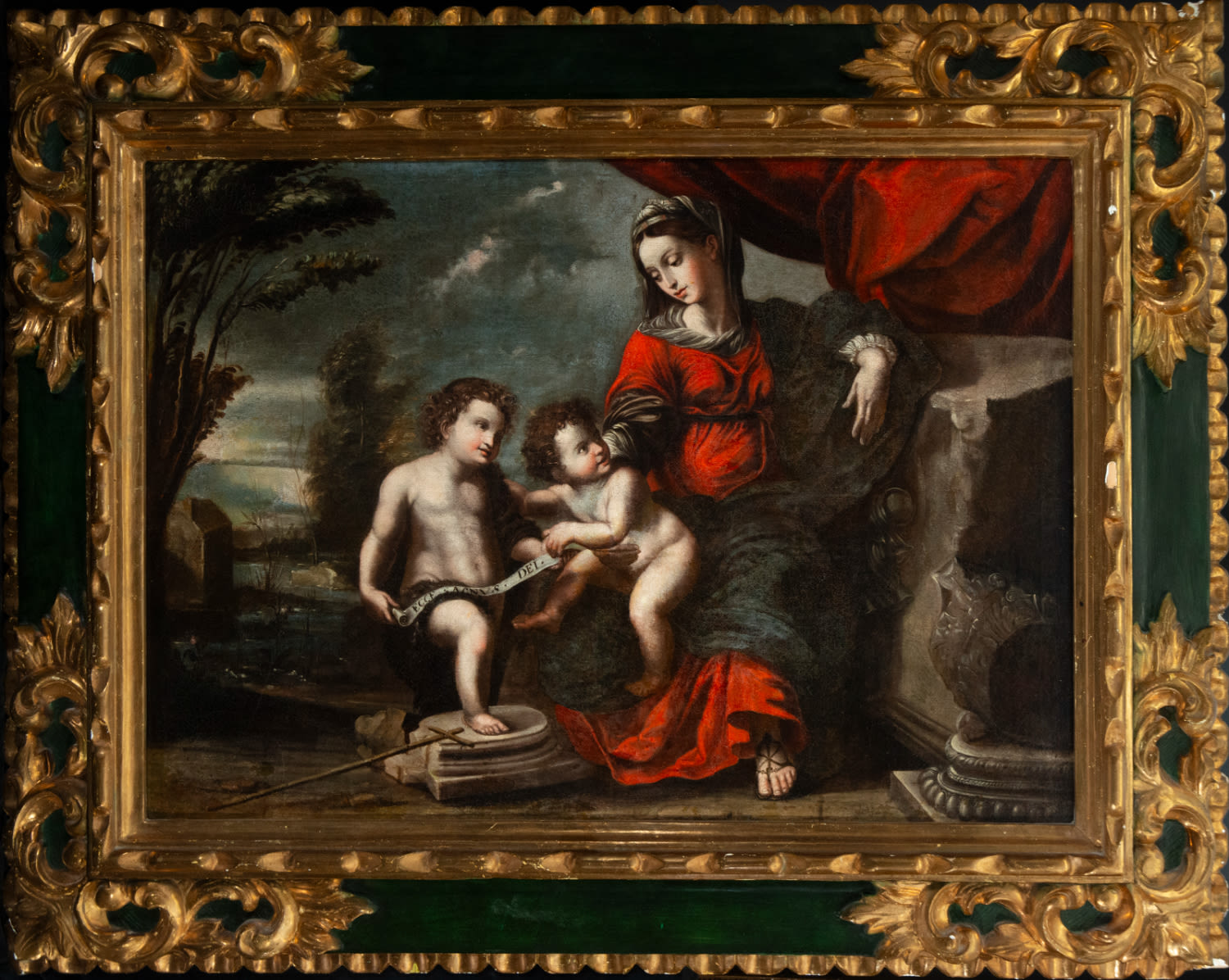 Beautiful and Large Virgin Mary with the Child Jesus and Saint John the Baptist, Genoese Master of t - Image 2 of 7