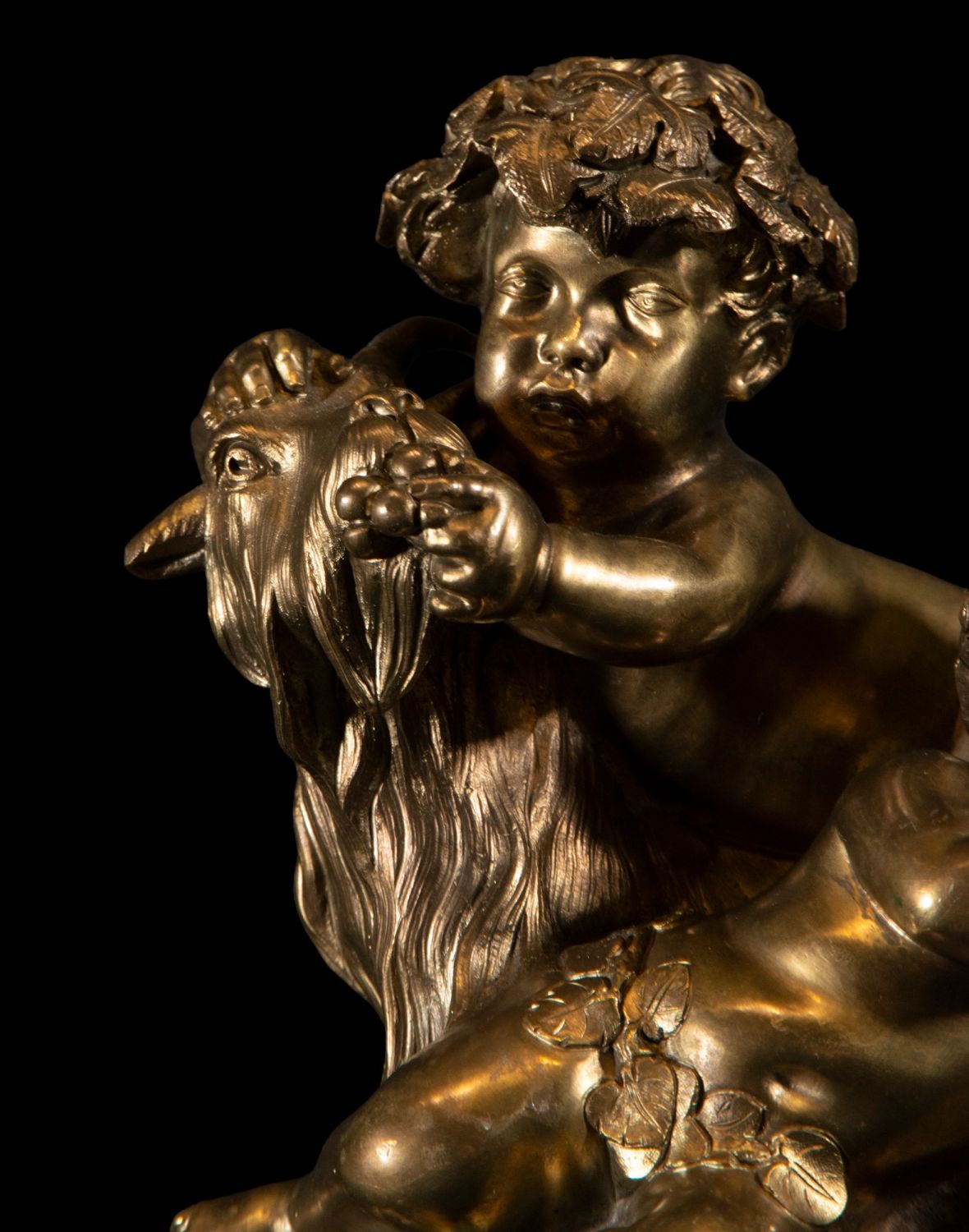 Allegorical French Beaux Arts sculpture of two Amours climbing a goat in patinated and gilded bronze - Image 2 of 8