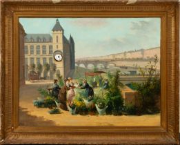 Clock picture with flower market in the Plaza, Italian school, 19th century