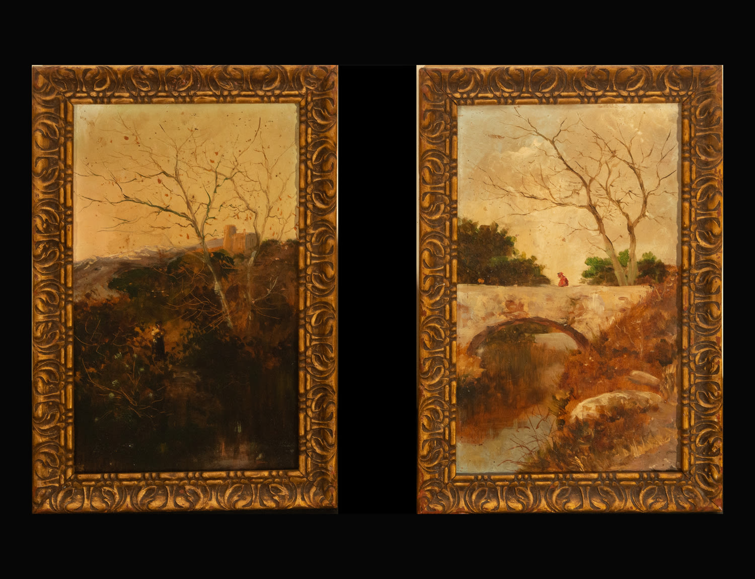 Pair of forest views on panel, signed, European post-impressionist school, 19th - 20th century