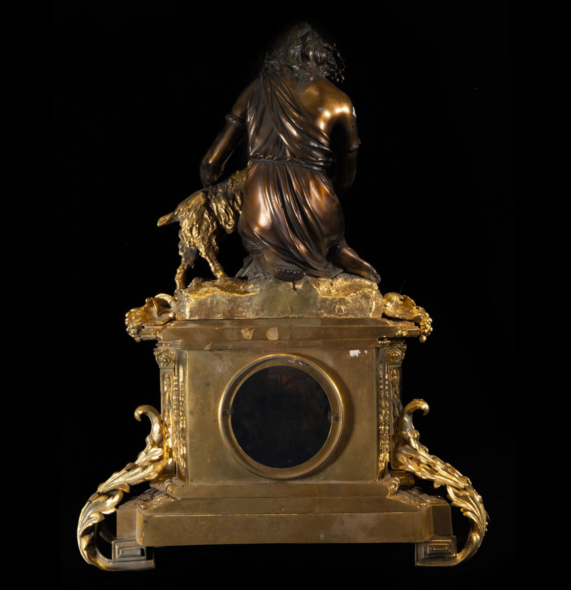 Exquisite Large French Table Clock in Mercury-Gilded Bronze and Alabaster with Bacchus and Goat, Nap - Image 9 of 9