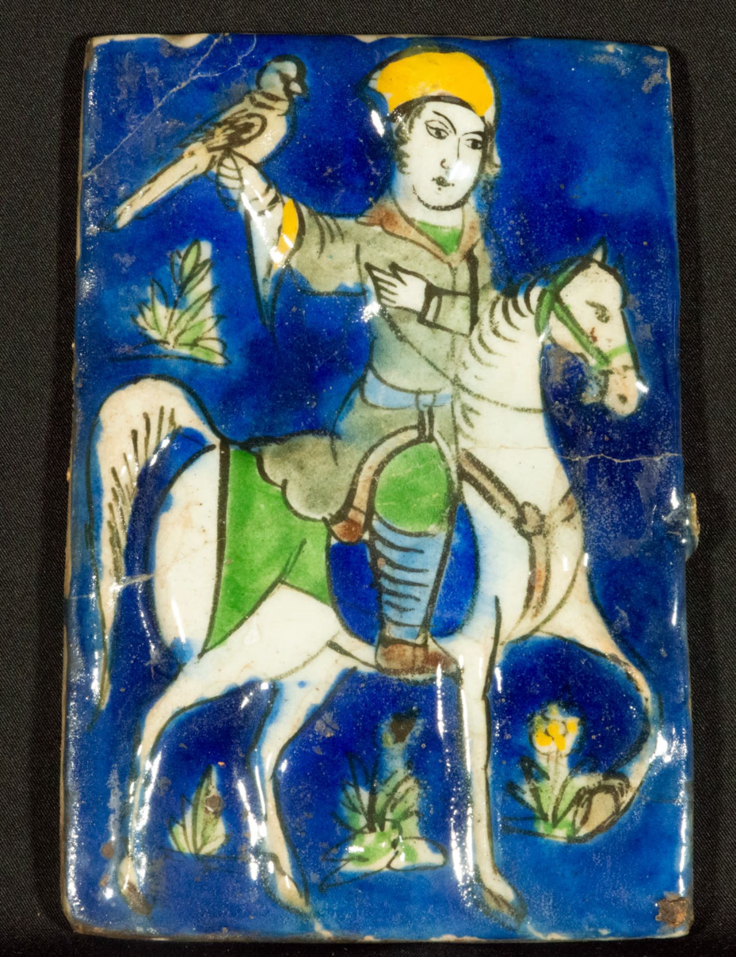 19th Century Persian Iranian Khajar Tile with Falconer