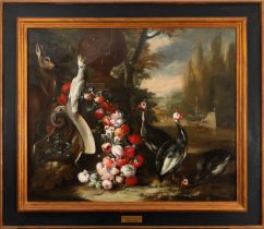 Large Pair of Still Lifes with Flowers and Birds in a Garden, 18th century Neapolitan school, Circle