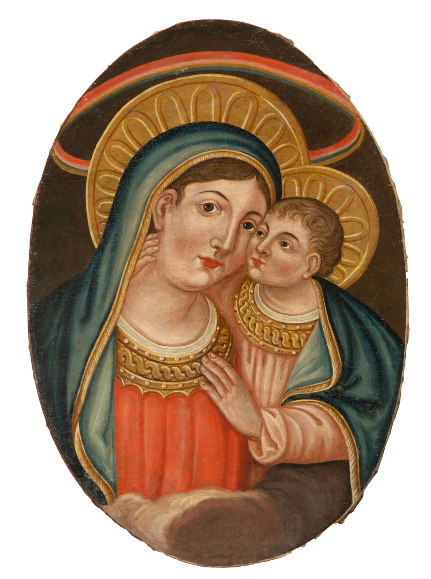 Pair of Colonial Ovals of Saint Peter with Child in Arms and Virgin with Child, Novohispanic school  - Bild 2 aus 8