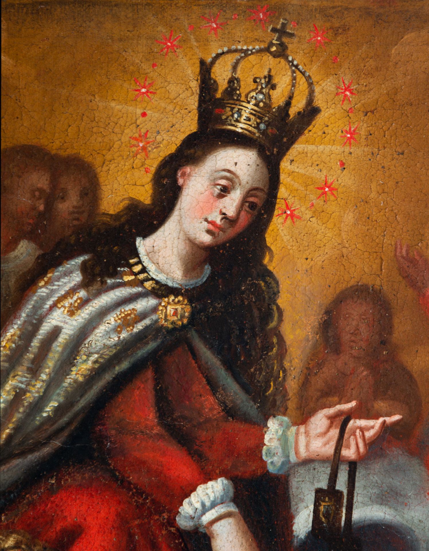 Virgen del Carmo saving sinners from Purgatory, 17th century colonial school, with period frame - Image 3 of 5
