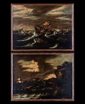 Pair of Large and Decorative Italian Navies, manner of Marco Ricci (Belluno, June 5, 1676 - Venice,