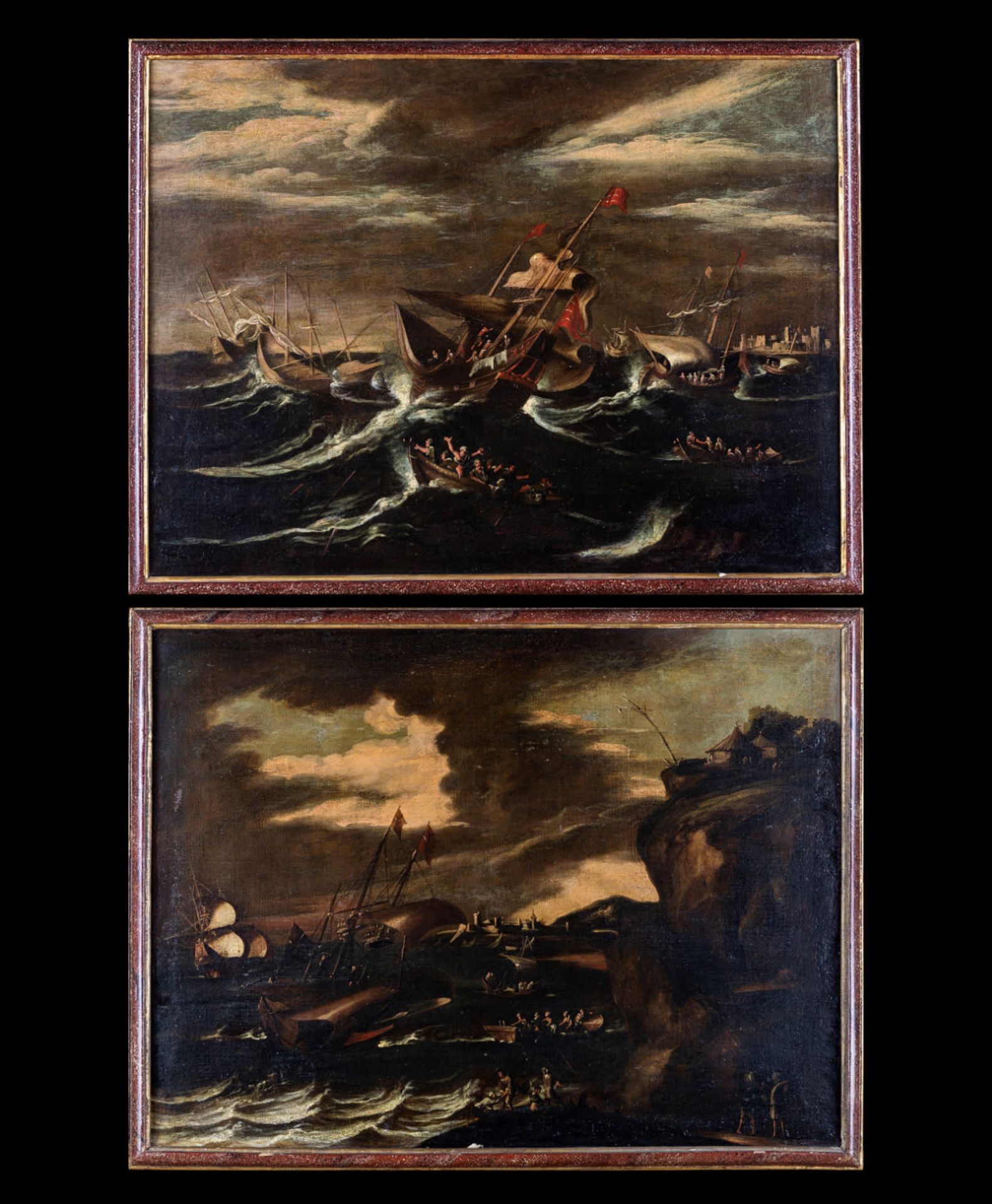 Pair of Large and Decorative Italian Navies, manner of Marco Ricci (Belluno, June 5, 1676 - Venice, 