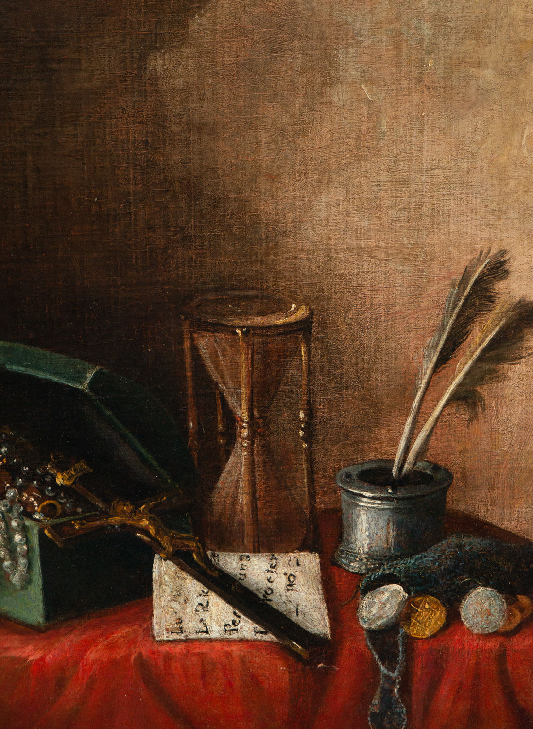 Still Life with Hourglass, Chest, Crucifix, Coins and Scribe, 17th century Italian school - Image 2 of 6