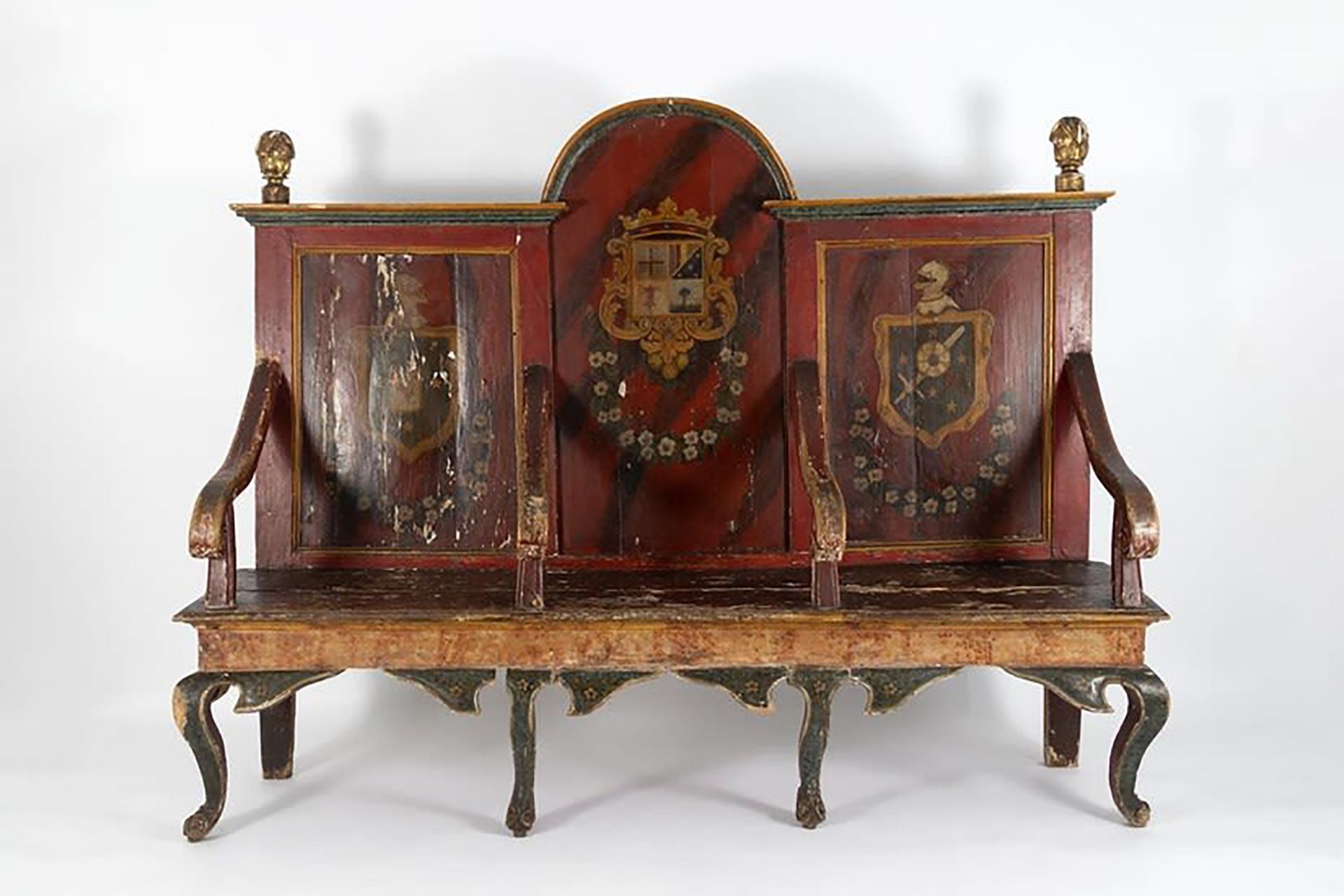 Mexican chorus bench in polychrome wood, 18th century colonial school, Viceroyalty of New Spain