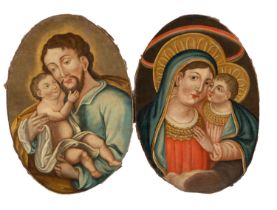 Pair of Colonial Ovals of Saint Peter with Child in Arms and Virgin with Child, Novohispanic school 