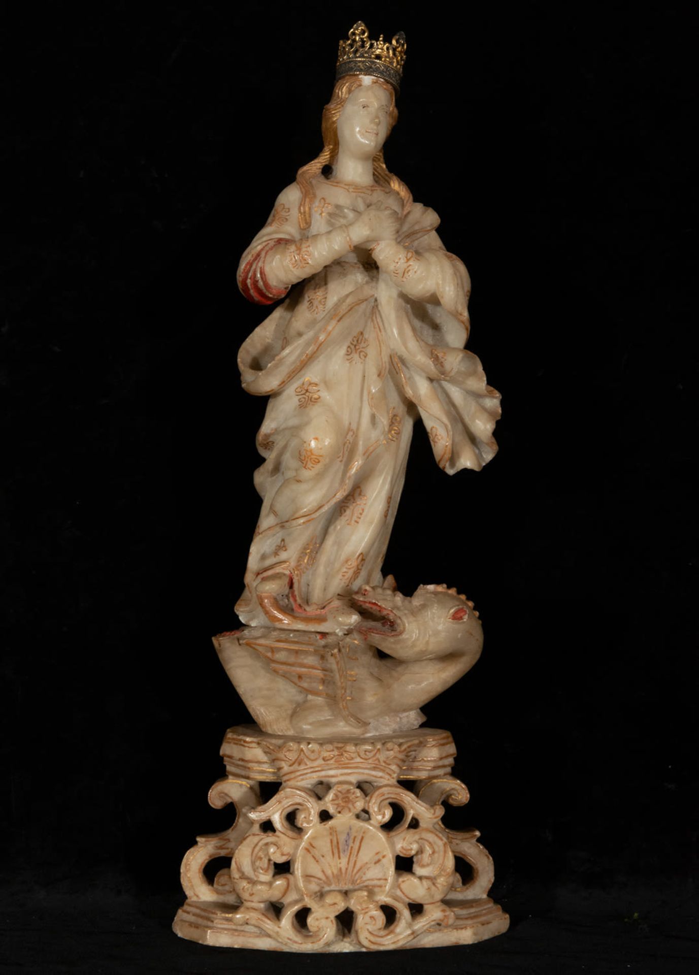 Magnificent Immaculate Virgin of Huamanga Alabaster, Viceregal colonial work of Peru, 17th Century S