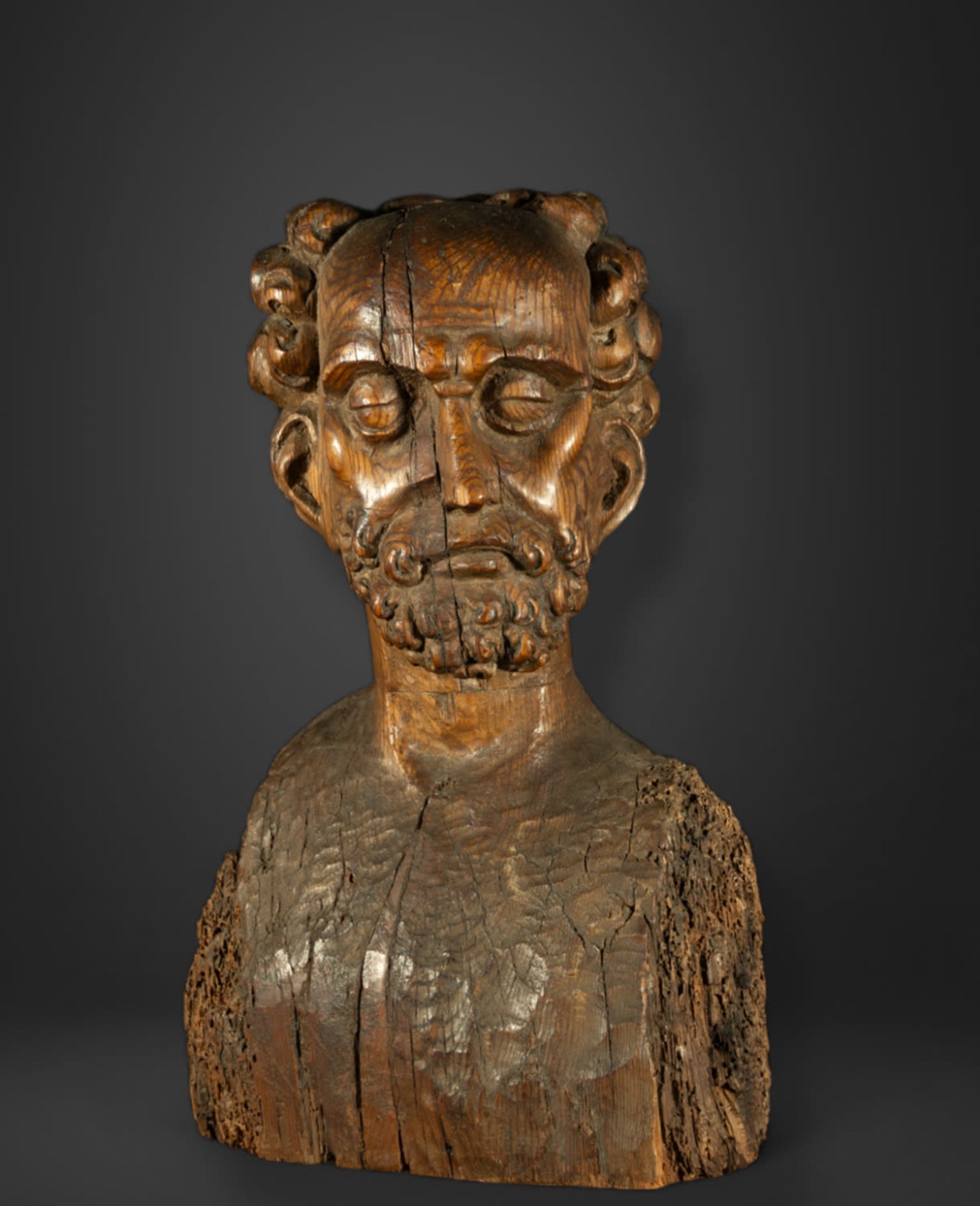 Large late Romanesque reliquary bust of an Apostle, Pyrenées, Northern Catalonia, in natural wood in