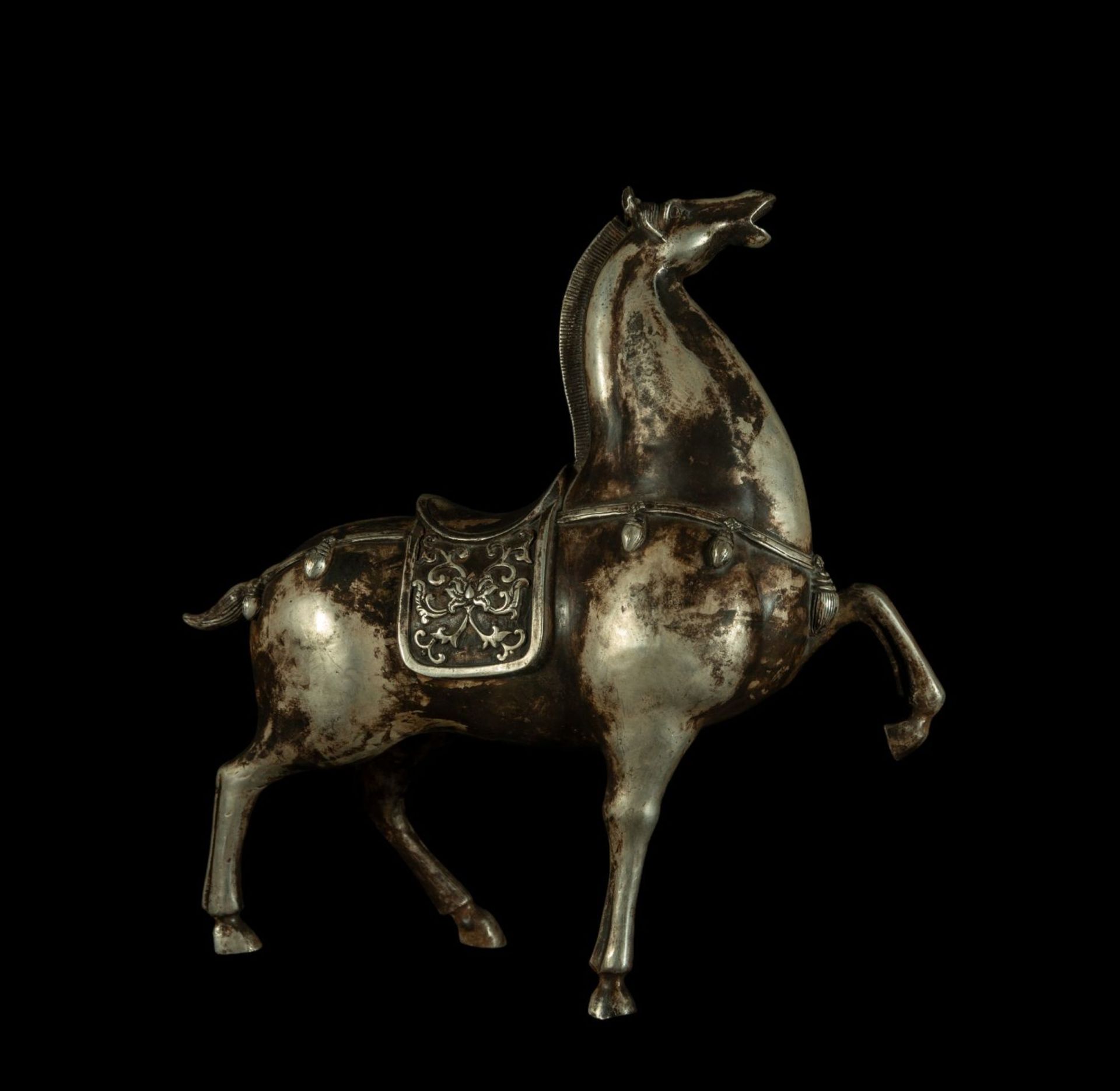 Refined and Decorative Horse in 700 Tibetan silver weighing more than 3.8 Kg, 19th century North Chi - Bild 4 aus 6