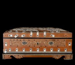 Indian tabletop chest in wood and carved bone marquetry with floral motifs, 19th century