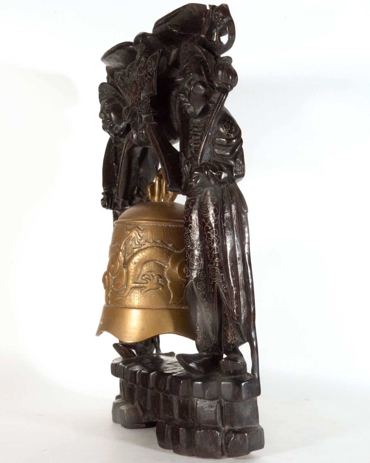 Rare Chinese or Vietnamese Temple Bell in Hongmu hardwood with silver from the 19th century - Image 4 of 12