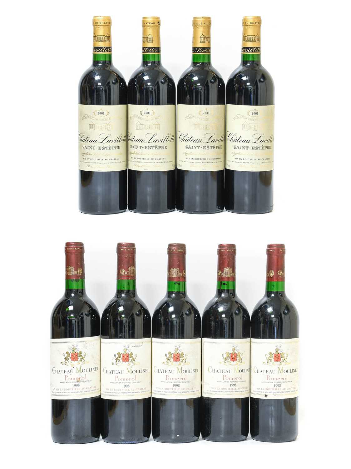 Château Moulinet 1998 Pomerol (five bottles), Château Lavillotte 2001 Saint-Estèphe (four