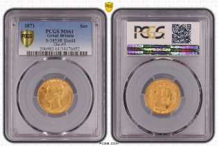 1871 Gold Sovereign Shield PCGS MS61