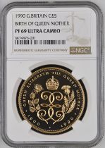 1990 Gold 5 Pounds (Crown) Queen Mother Proof NGC PF 69 ULTRA CAMEO Box & COA