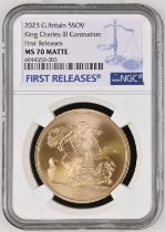 2023 Gold 5 Pounds (5 Sovereigns) Coronation of King Matte BU NGC MS 70 MATTE Box & COA