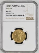 1872 M Gold Sovereign Shield NGC AU 55