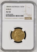 1884 M Gold Sovereign Shield NGC AU 58