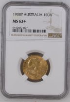 1908 P Gold Sovereign NGC MS 63+