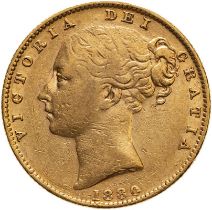 1880 S Gold Sovereign Shield; Inverted A for V Good very fine