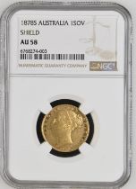 1878 S Gold Sovereign Shield NGC AU 58