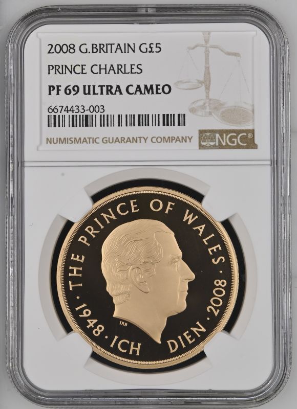 2008 Gold 5 Pounds (Crown) Prince Charles Proof NGC PF 69 ULTRA CAMEO Box & COA