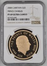 2008 Gold 5 Pounds (Crown) Prince Charles Proof NGC PF 69 ULTRA CAMEO Box & COA