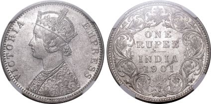 India: British Victoria 1901 B incuse Silver 1 Rupee NGC MS 62